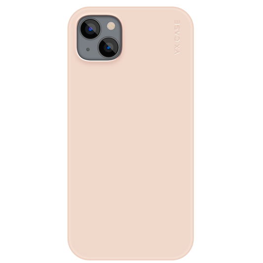 iPhone 14 Plus com capa VX Case smooth, acabamento cor iogurte e proteção traseira.