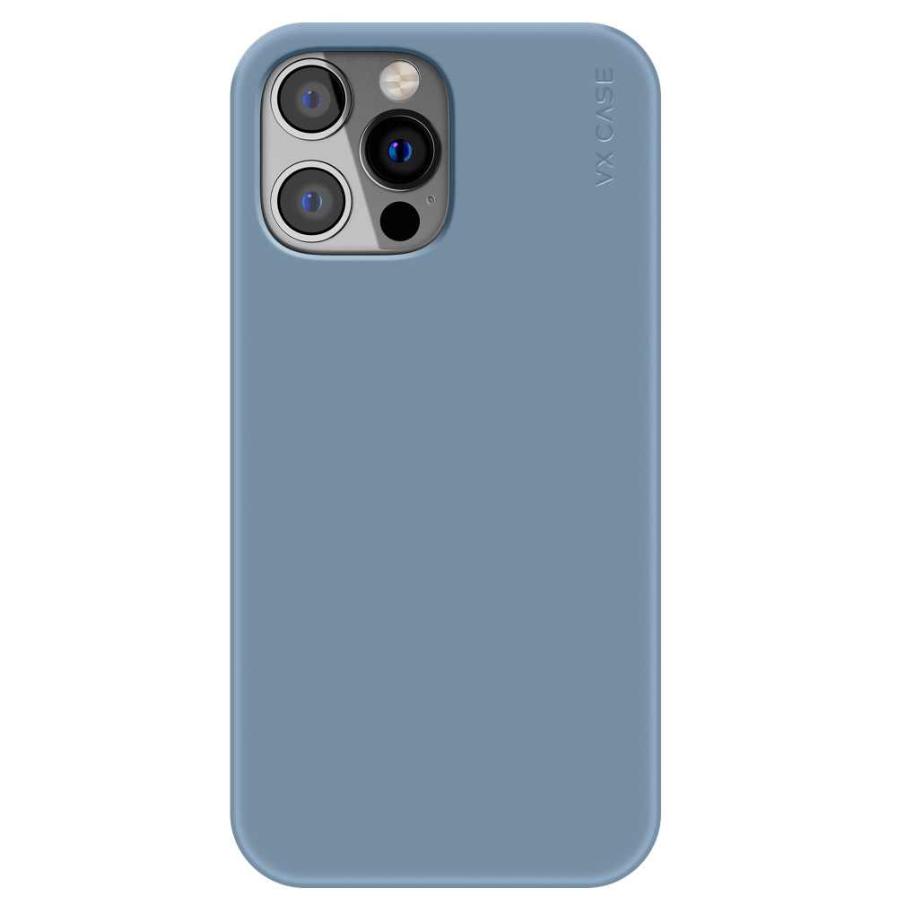 iPhone 14 Pro com capa VX Case smooth, acabamento azul sierra e design minimalista.