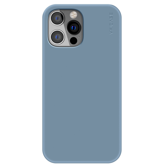 iPhone 14 Pro com capa VX Case smooth, acabamento azul sierra e design minimalista.