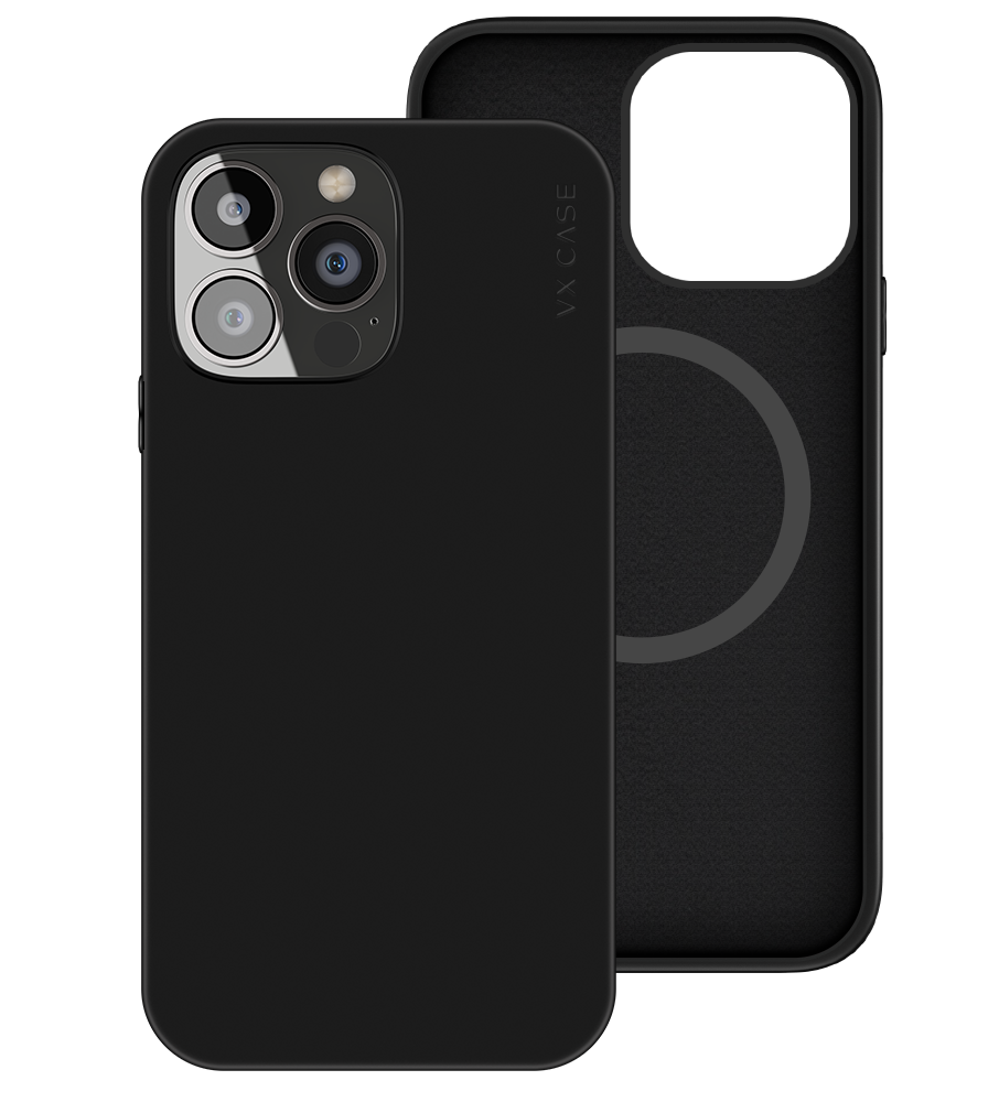 iPhone 14 Pro com capa VX Case smooth compatível com MagSafe, acabamento preto fosco e proteção traseira.