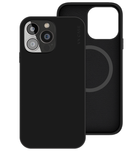 iPhone 14 Pro com capa VX Case smooth compatível com MagSafe, acabamento preto fosco e proteção traseira.