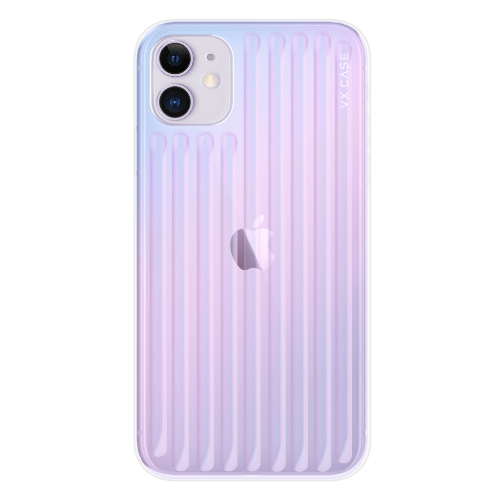 iPhone com capa VX Case Glam compatível com MagSafe, acabamento rainbow com efeito colorido.
