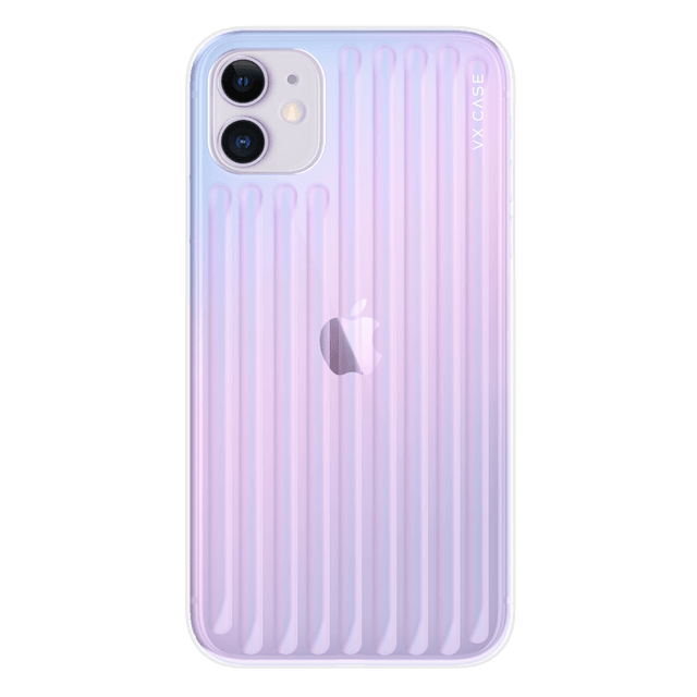 iPhone com capa VX Case Glam compatível com MagSafe, acabamento rainbow com efeito colorido.