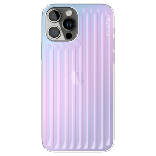 iPhone com capa VX Case Glam compatível com MagSafe, acabamento rainbow com efeito colorido.