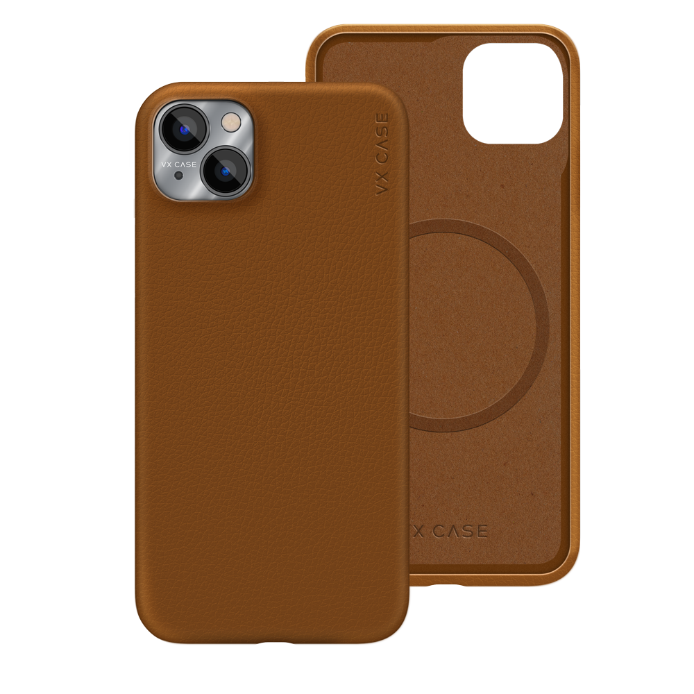 iPhone com capa VX Case de couro compatível com MagSafe, acabamento marrom premium.