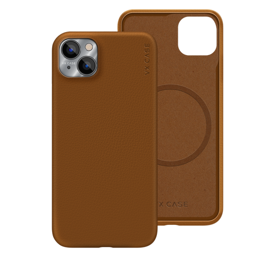 iPhone com capa VX Case de couro compatível com MagSafe, acabamento marrom premium.