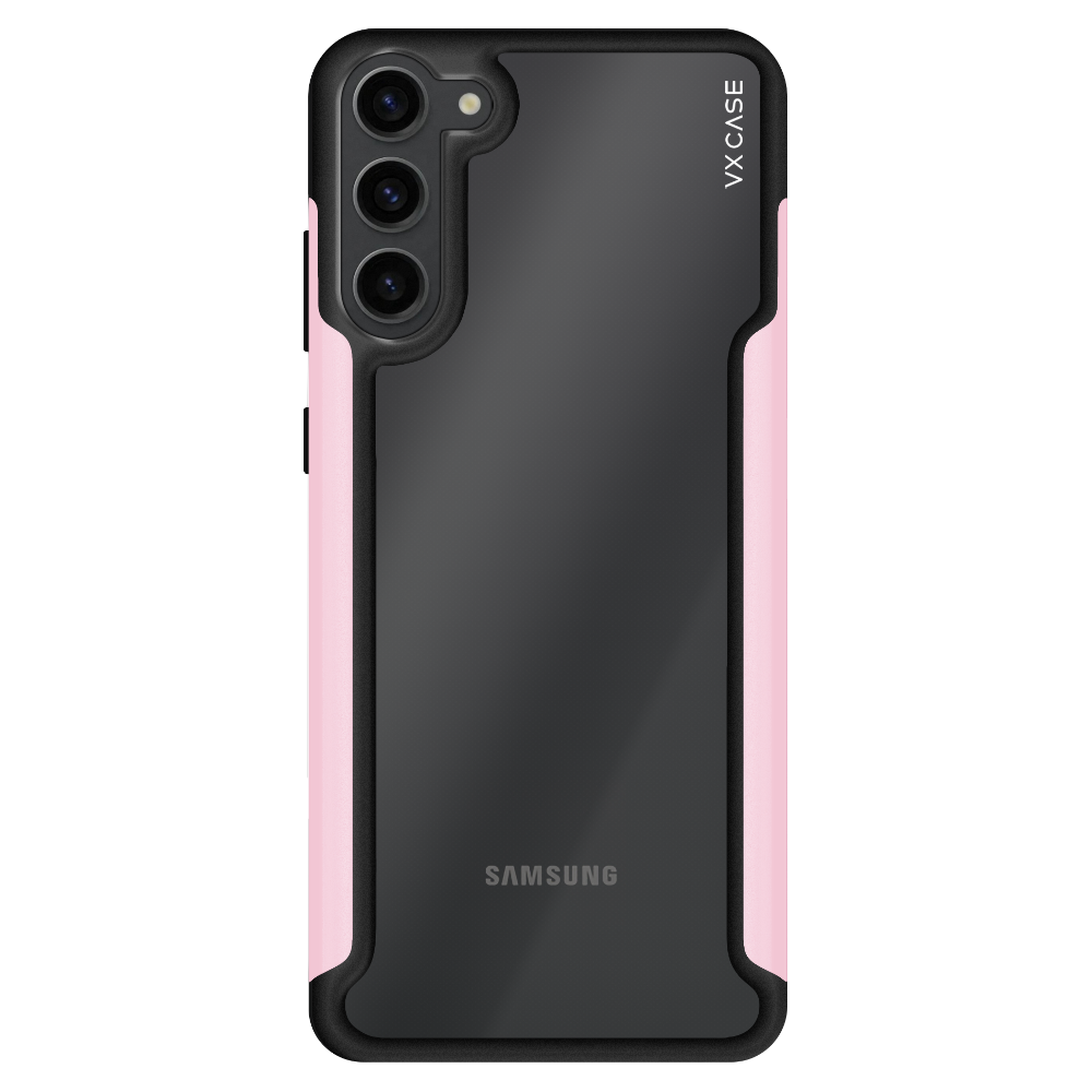 Samsung Galaxy S23 com capa VX Case Shield Cover, proteção reforçada na cor rosa.