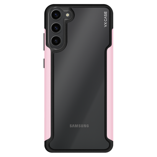 Samsung Galaxy S23 com capa VX Case Shield Cover, proteção reforçada na cor rosa.