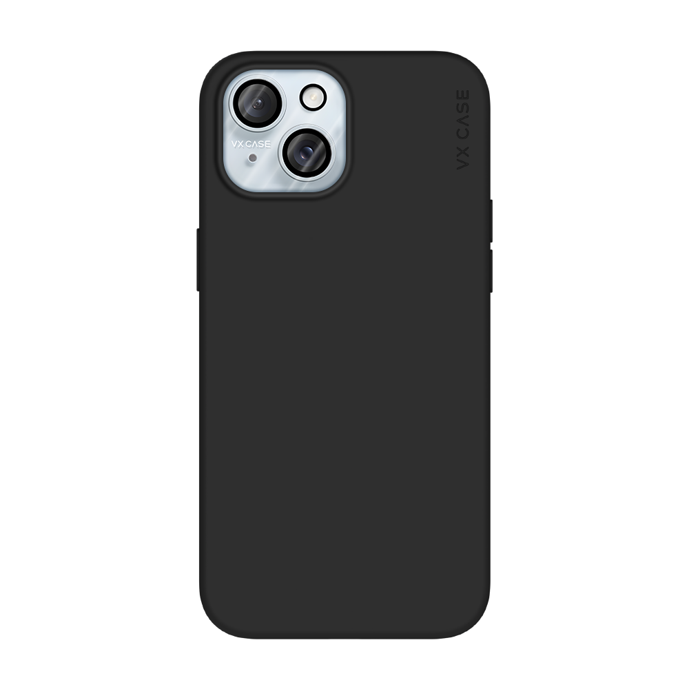 iPhone 15 com capa VX Case smooth, acabamento preto fosco e design minimalista.