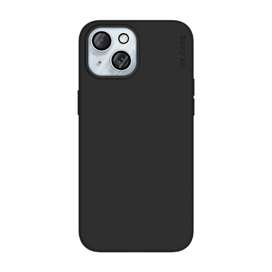 iPhone 15 com capa VX Case smooth, acabamento preto fosco e design minimalista.