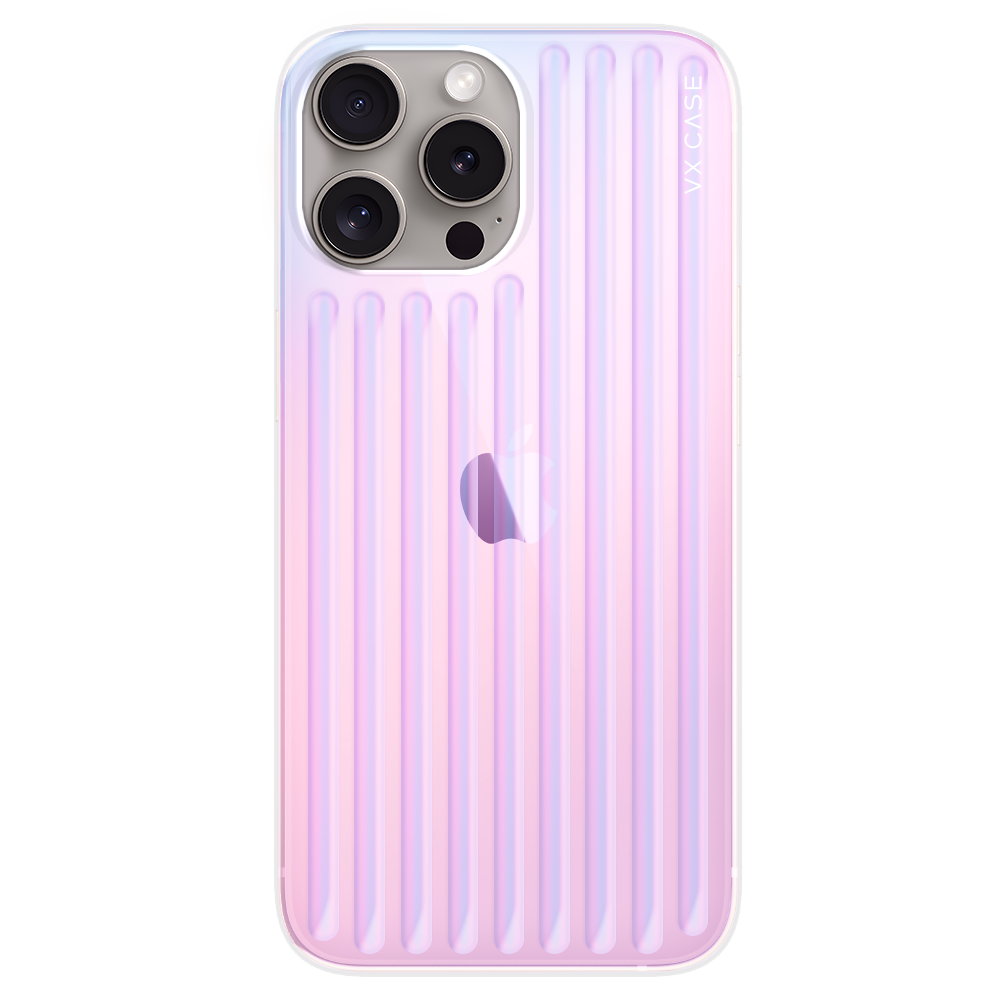 iPhone 15 Pro Max com capa VX Case Glam compatível com MagSafe, acabamento rainbow com efeito colorido.
