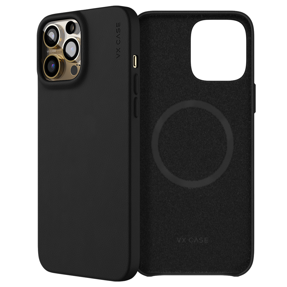 iPhone 14 Pro com capa VX Case de couro compatível com MagSafe, acabamento preto premium.