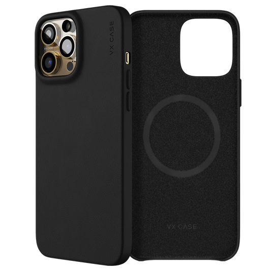 iPhone 14 Pro com capa VX Case de couro compatível com MagSafe, acabamento preto premium.