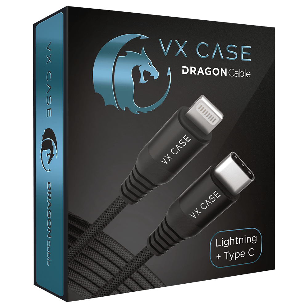 Cabo para iPhone/iPad USB Tipo-C PD Lightning Dragon 1,20m VX Case Preto - VX Case