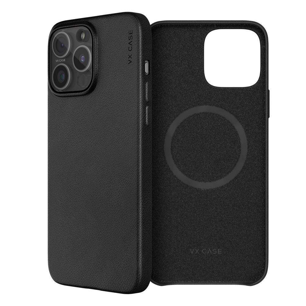 iPhone 15 Pro Max com capa VX Case de couro compatível com MagSafe, acabamento preto elegante.