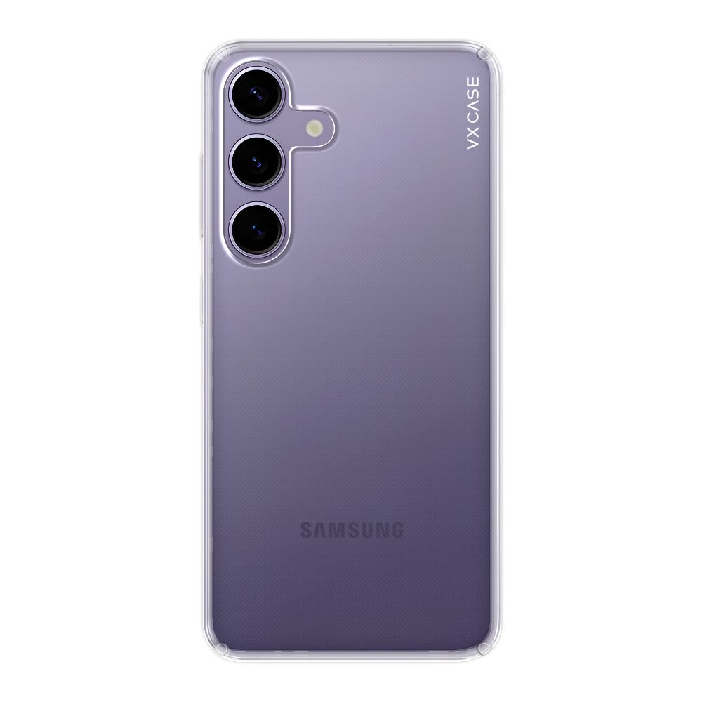 Samsung Galaxy S24 com capa VX Case de silicone rígido, design transparente com proteção traseira.