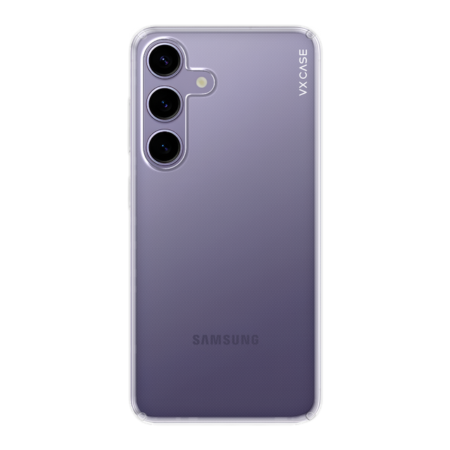 Samsung Galaxy S24 com capa VX Case de silicone rígido, design transparente com proteção traseira.