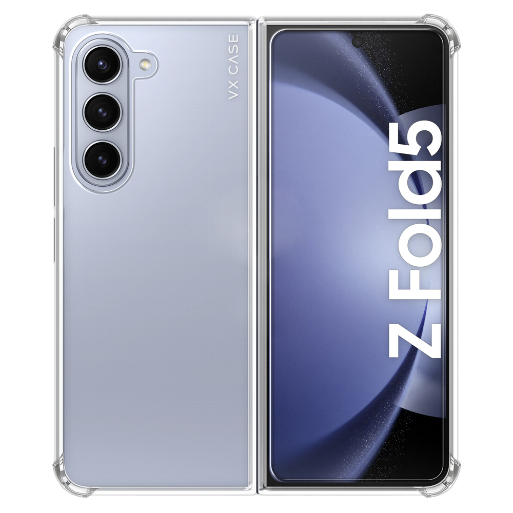 Samsung Galaxy Z Fold 5 com capa VX Case de silicone rígido, proteção transparente para estrutura dobrável.