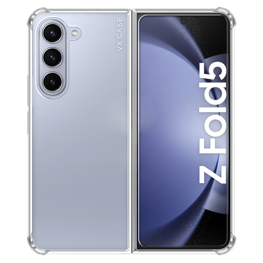 Samsung Galaxy Z Fold 5 com capa VX Case de silicone rígido, proteção transparente para estrutura dobrável.