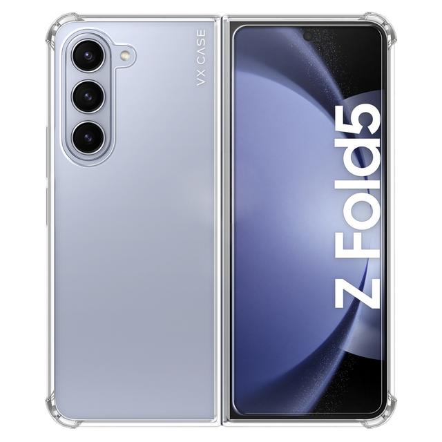 Samsung Galaxy Z Fold 5 com capa VX Case de silicone rígido, proteção transparente para estrutura dobrável.