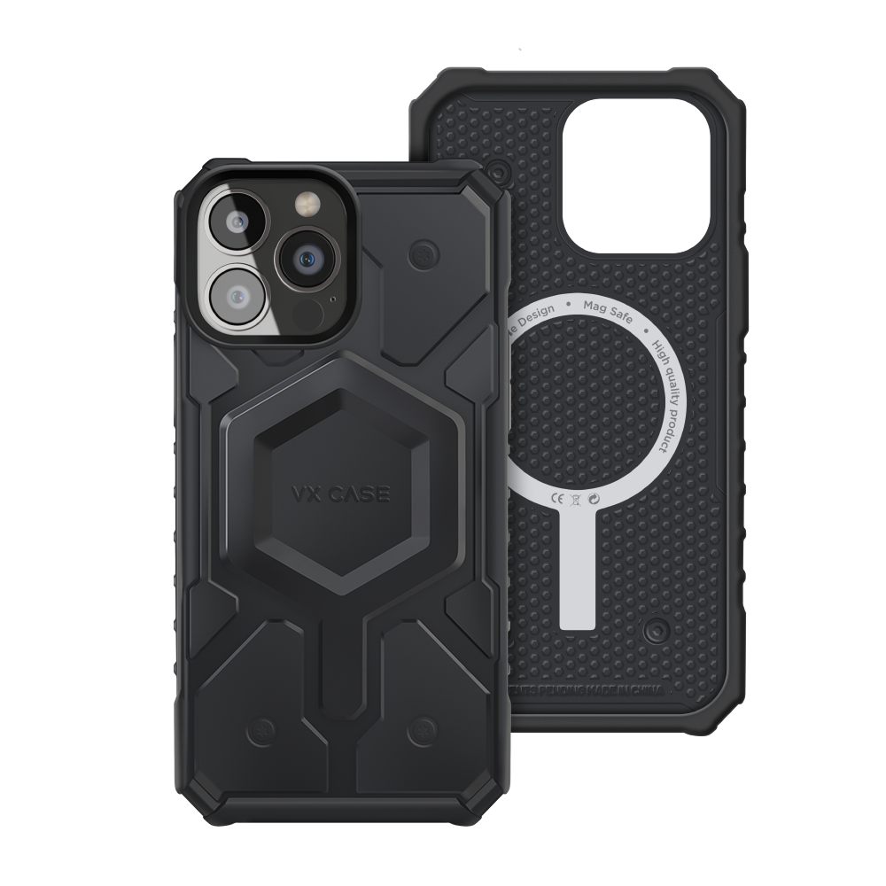 iPhone 12 Pro Max com capa VX Case Defender compatível com MagSafe, proteção reforçada na cor preta.
