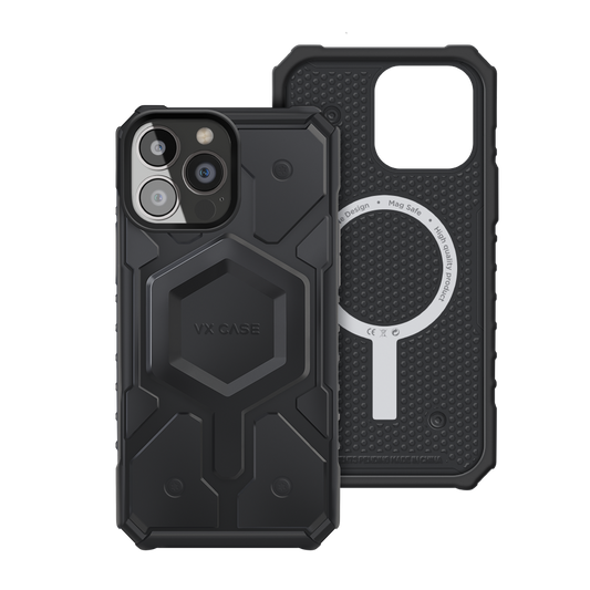 iPhone 12 Pro Max com capa VX Case Defender compatível com MagSafe, proteção reforçada na cor preta.