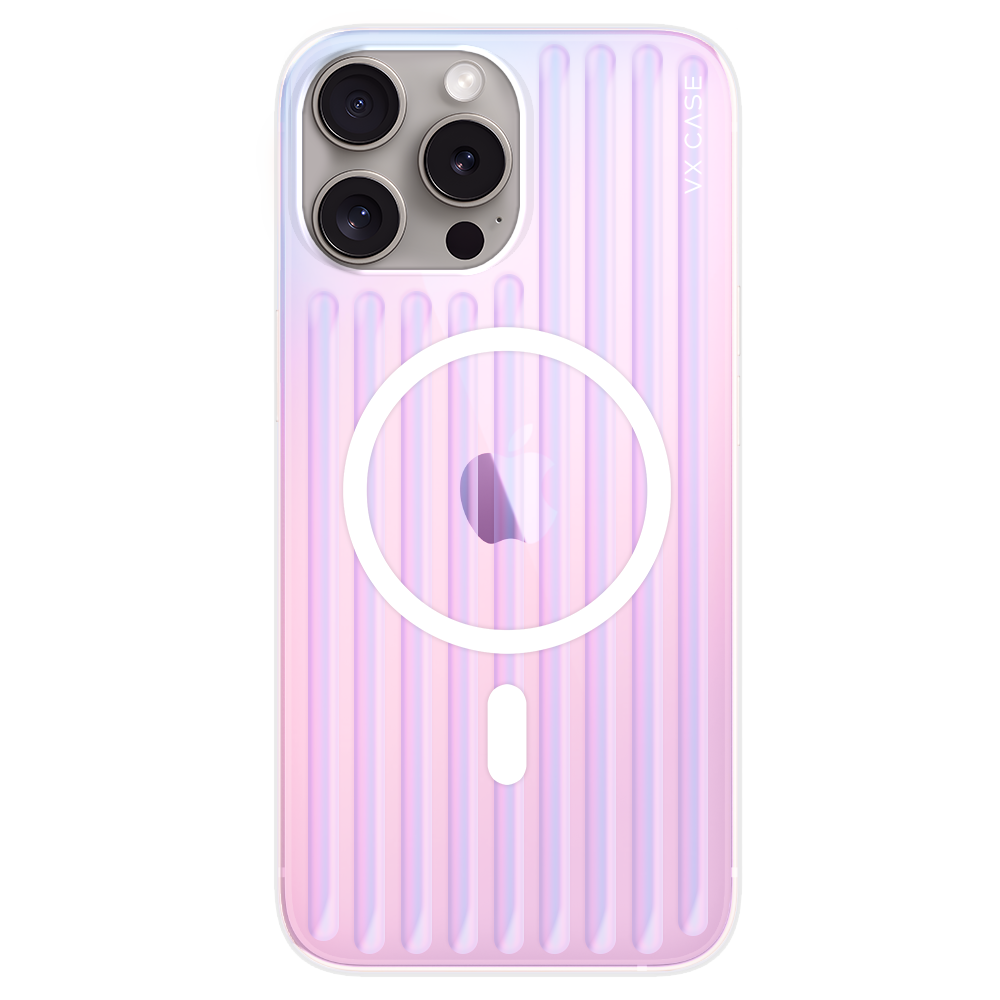iPhone 15 Pro Max com capa VX Case Glam compatível com MagSafe, acabamento rainbow com efeito colorido.