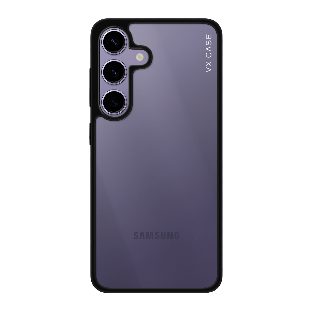 Samsung Galaxy S24 com capa VX Case Jet Black, design transparente com bordas pretas reforçadas.