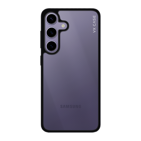 Samsung Galaxy S24 com capa VX Case Jet Black, design transparente com bordas pretas reforçadas.