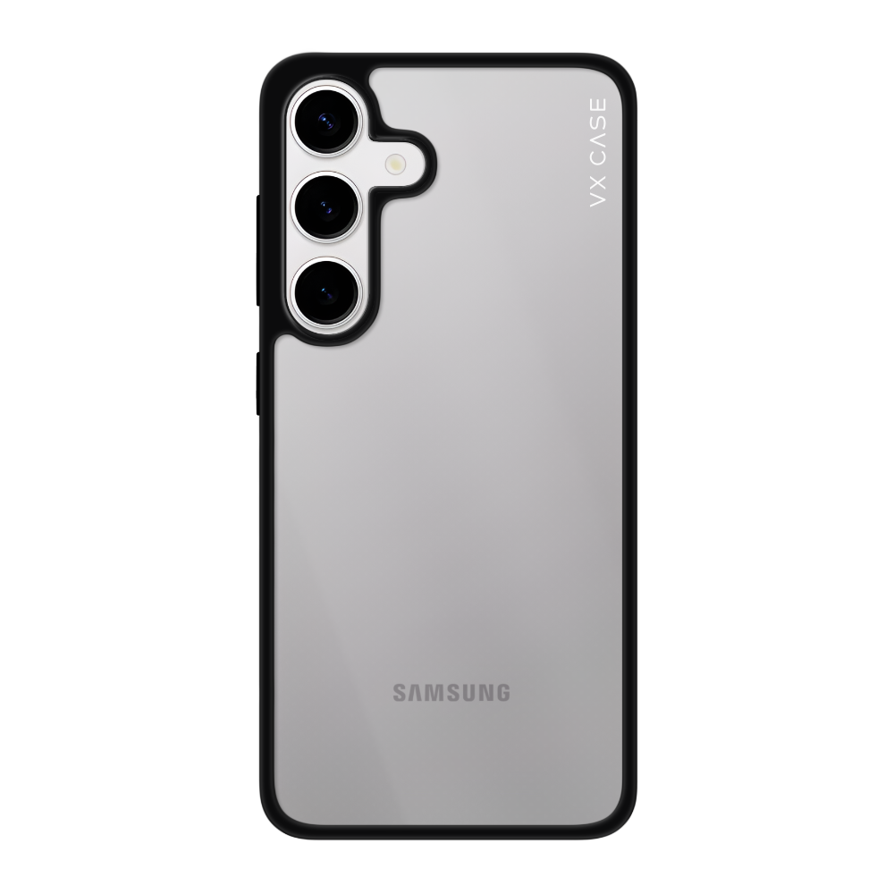 Samsung Galaxy S24 Plus com capa VX Case Jet Black, acabamento transparente com bordas pretas.