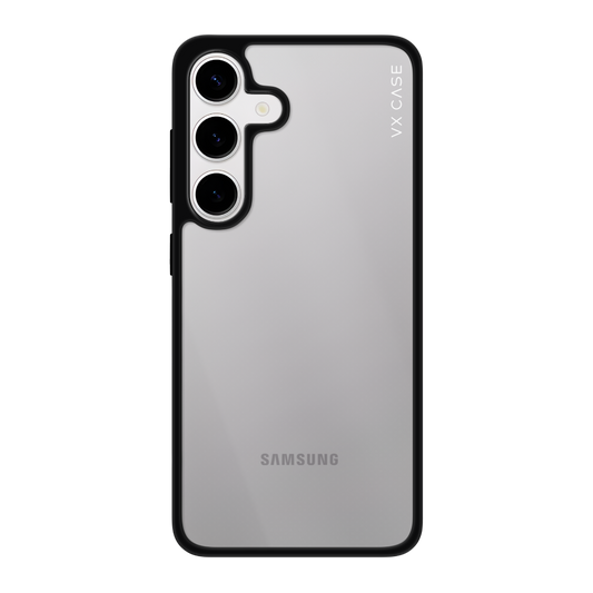 Samsung Galaxy S24 Plus com capa VX Case Jet Black, acabamento transparente com bordas pretas.