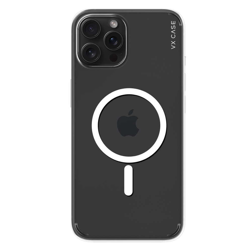 iPhone 15 Pro Max com capa VX Case compatível com MagSafe, design transparente com proteção traseira.