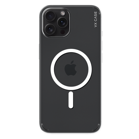 iPhone 15 Pro Max com capa VX Case compatível com MagSafe, design transparente com proteção traseira.
