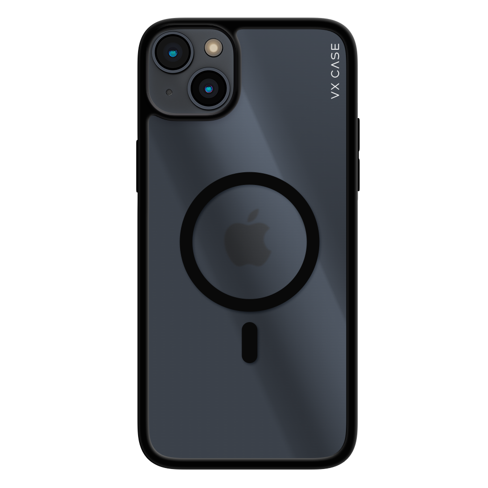 iPhone 14 Plus com capa VX Case compatível com MagSafe, acabamento transparente com bordas pretas.