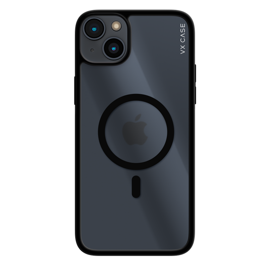 iPhone 14 Plus com capa VX Case compatível com MagSafe, acabamento transparente com bordas pretas.