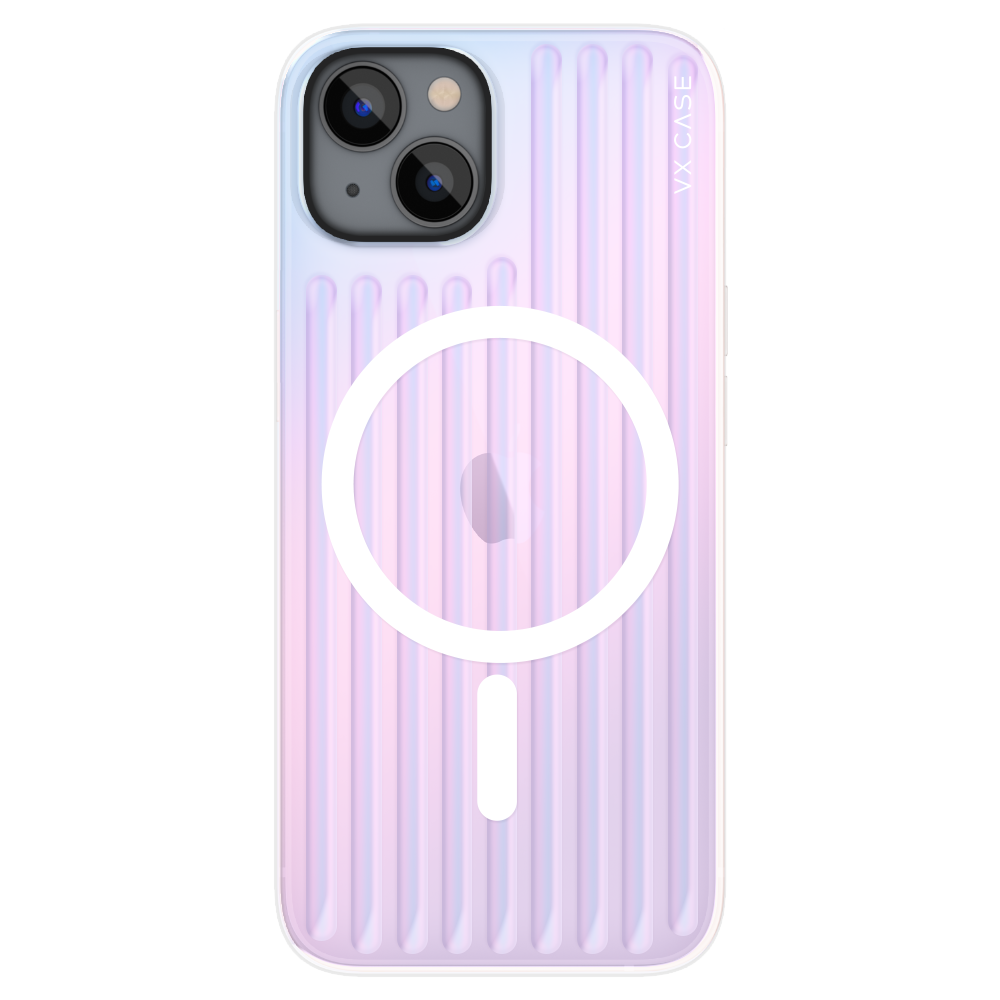 iPhone 14 Plus com capa VX Case Glam compatível com MagSafe, acabamento rainbow com efeito iridescente.