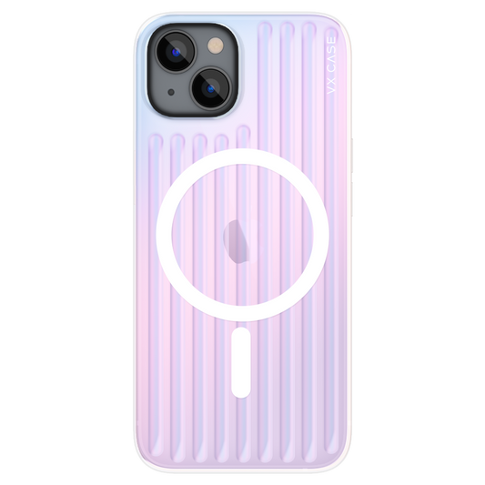 iPhone 14 Plus com capa VX Case Glam compatível com MagSafe, acabamento rainbow com efeito iridescente.