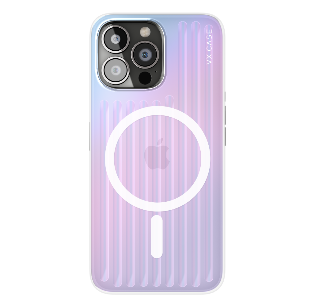 iPhone 14 Pro com capa VX Case Glam compatível com MagSafe, design rainbow com acabamento colorido.
