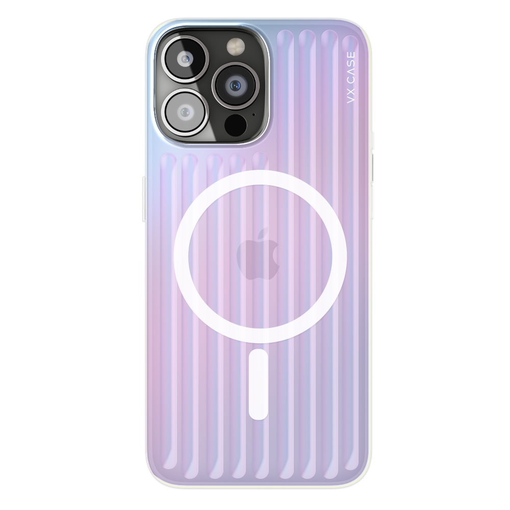 iPhone 14 Pro Max com capa VX Case Glam compatível com MagSafe, acabamento rainbow com efeito brilhante.