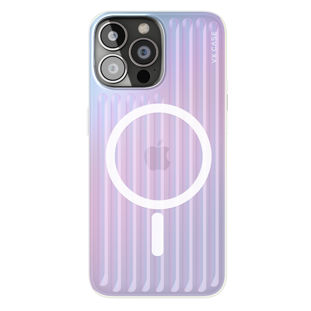 iPhone 14 Pro Max com capa VX Case Glam compatível com MagSafe, acabamento rainbow com efeito brilhante.