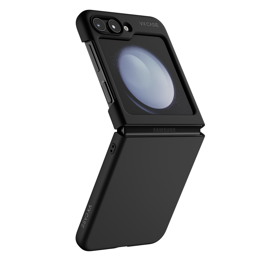 Samsung Galaxy Z Flip 5 com capa VX Case protetora, design articulado para smartphone dobrável.