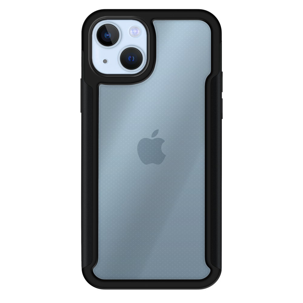 iPhone 14 Plus com capa VX Case transparente, bordas laterais pretas metálicas e proteção traseira.