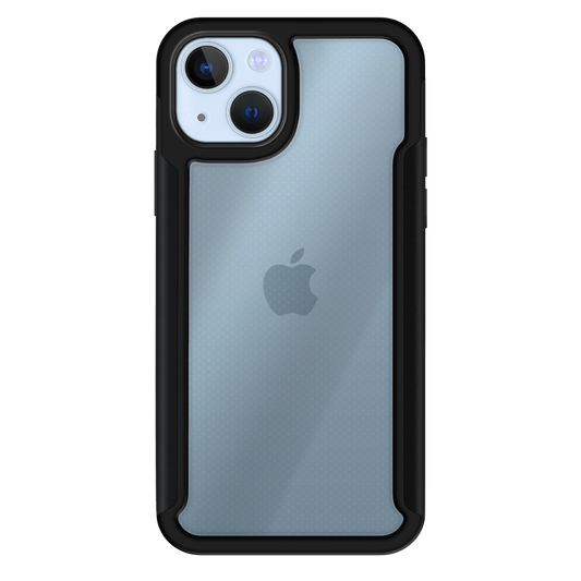 iPhone 14 Plus com capa VX Case transparente, bordas laterais pretas metálicas e proteção traseira.