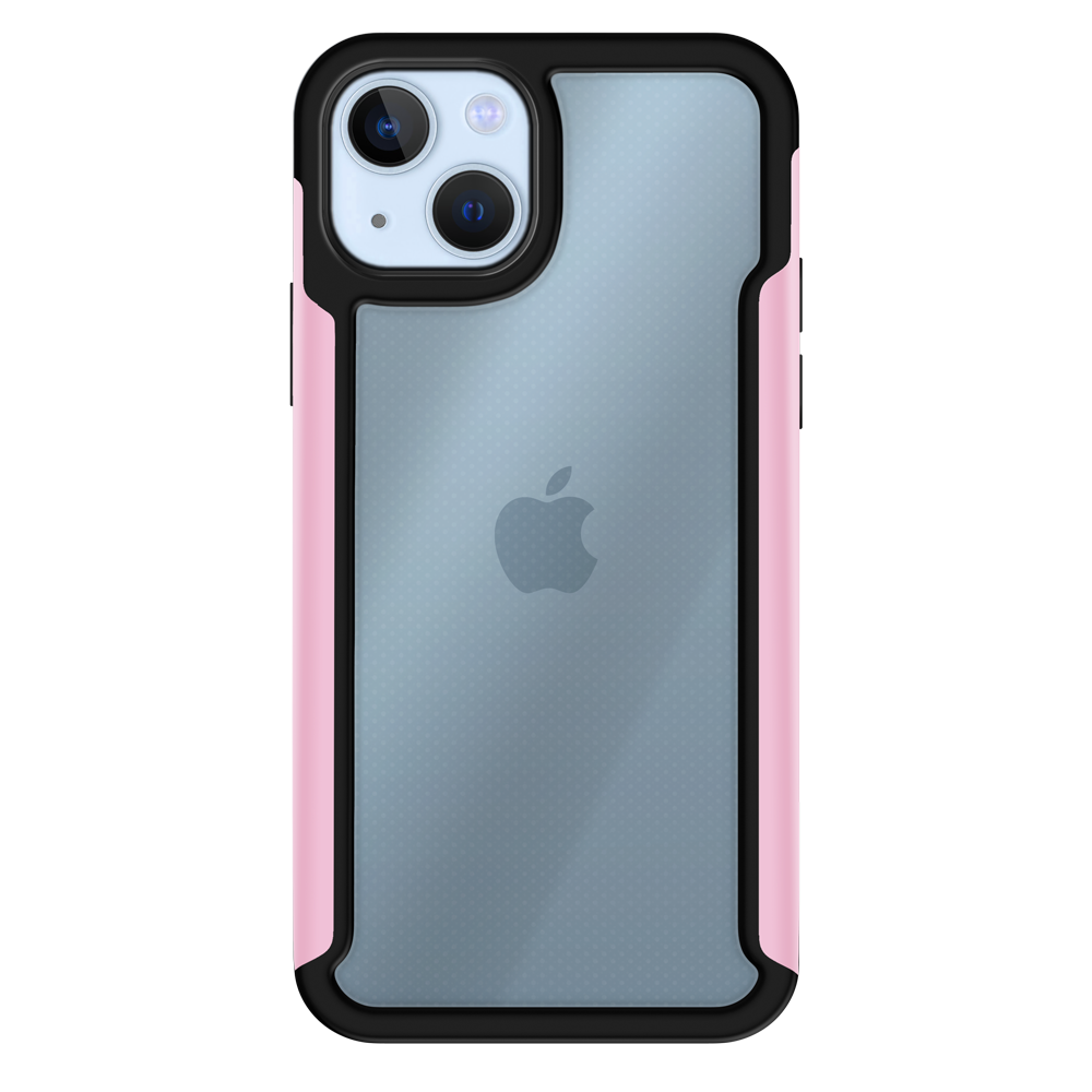 iPhone 14 Plus com capa VX Case transparente, bordas laterais rosa metálicas e design moderno.
