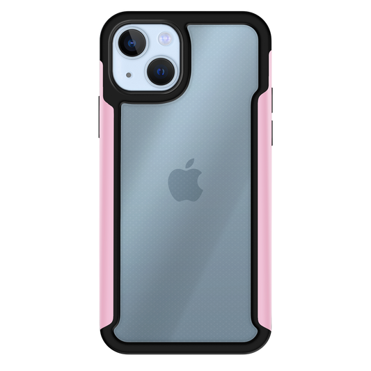 iPhone 14 Plus com capa VX Case transparente, bordas laterais rosa metálicas e design moderno.