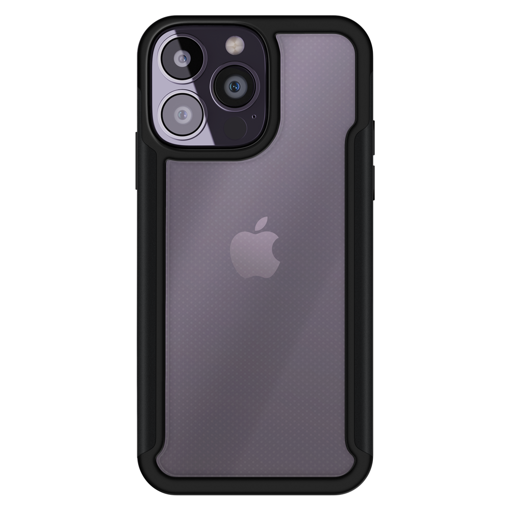 iPhone 14 Pro com capa transparente VX Case, proteção traseira com bordas laterais pretas metálicas.