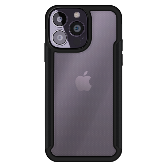 iPhone 14 Pro com capa transparente VX Case, proteção traseira com bordas laterais pretas metálicas.