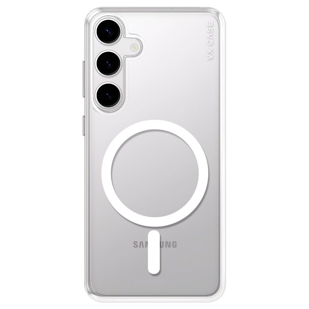 Samsung Galaxy S24 Plus com capa VX Case compatível com MagSafe, design transparente com proteção traseira