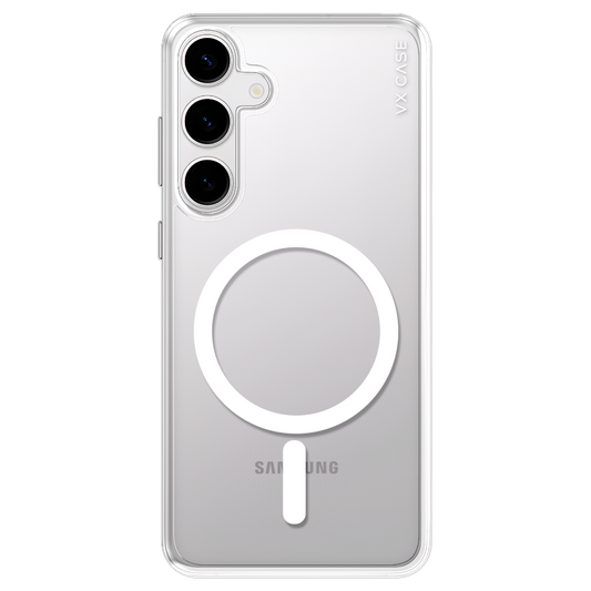 Samsung Galaxy S24 Plus com capa VX Case compatível com MagSafe, design transparente com proteção traseira