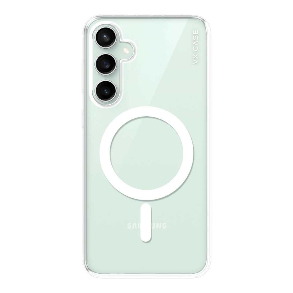 Samsung Galaxy S23 FE com capa VX Case compatível com MagSafe, design transparente com proteção traseira.